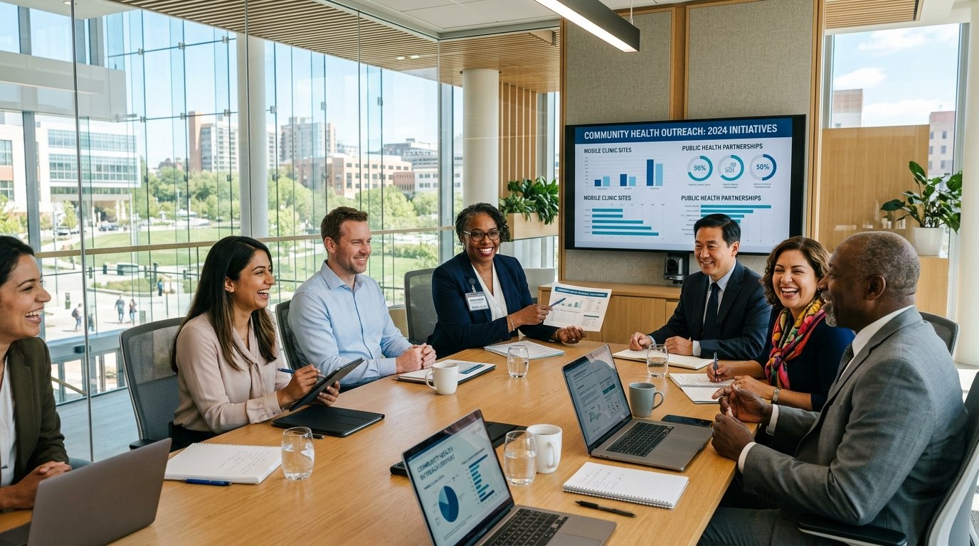 Healthcare executives smiling and collaborating on community health outreach in modern boardroom